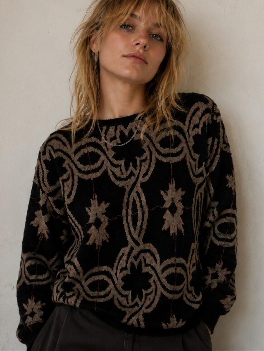 Vintage Black & Taupe Patterned Knit Sweater | Grunge Seattle Style | Size Large